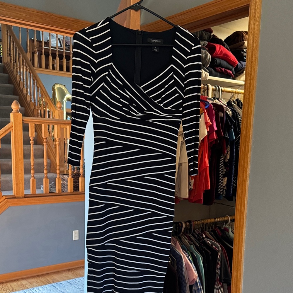 White House Black Market Black and White Long Sleeve Striped Wrap Dress